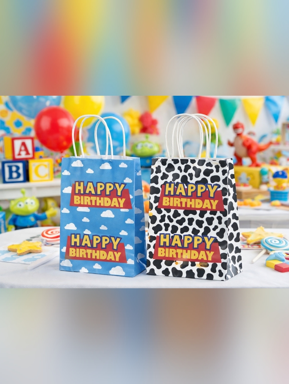 16 Pc Happy Birthday Party Favor Bags Set Cloud & Cow Print Treat Bags New